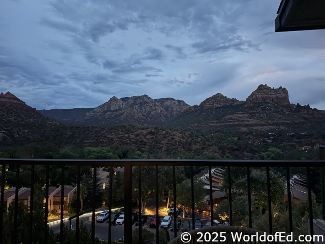 The redrock mountains as the sun sets.