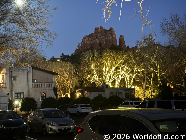 A look at the mountains and shopping center very well lit up.